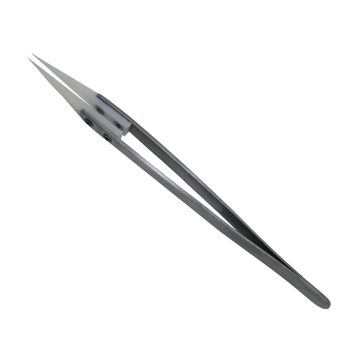 High precision ceramic tweezers with white heat-resistant ceramic tips and stainless-steel handle.