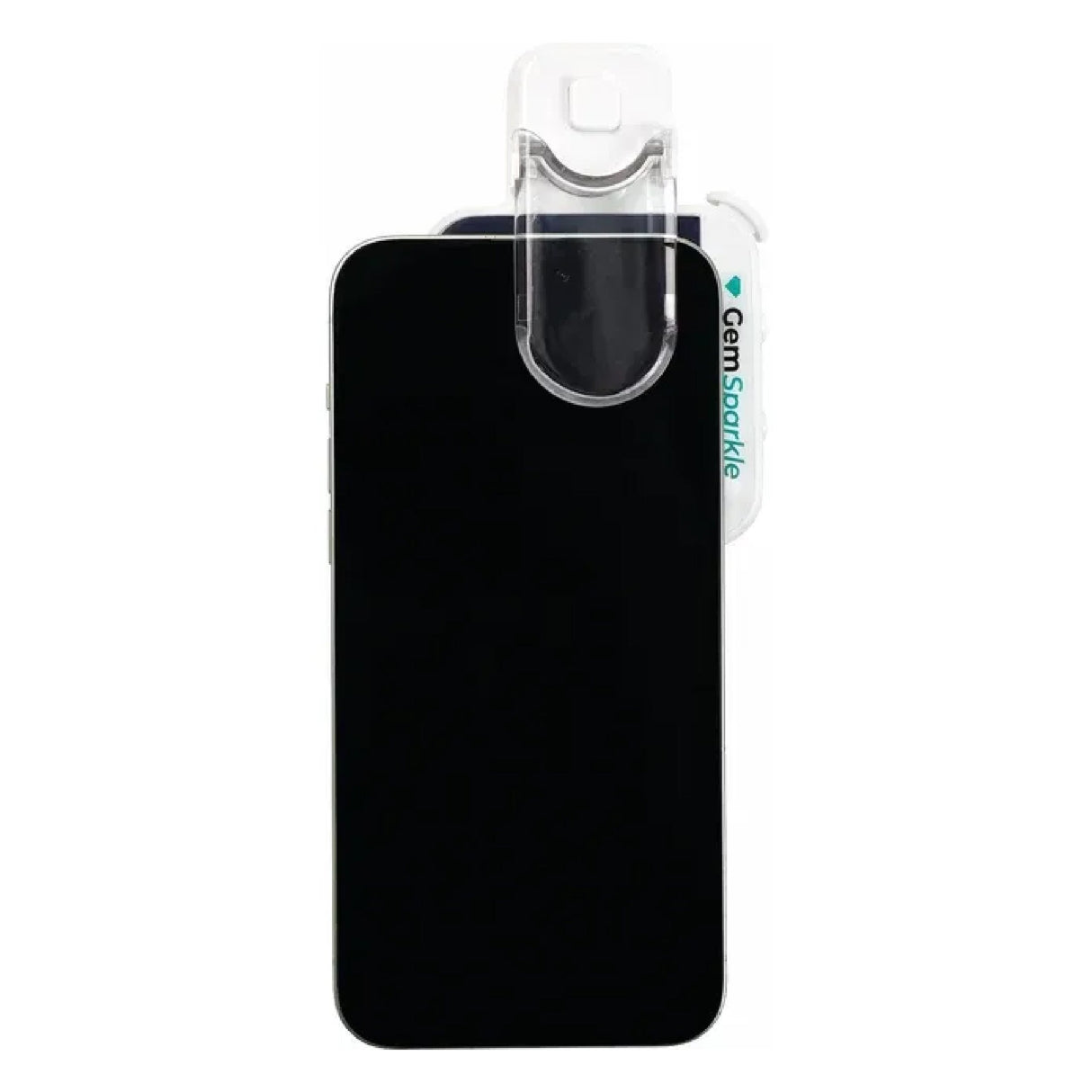 Portable GemSparkle lighting device used for professional jewelry photos on smartphone. ON PHONE