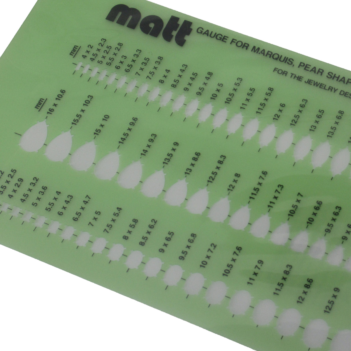 Jewelry gemstone size gauge template for marquise pear oval stones