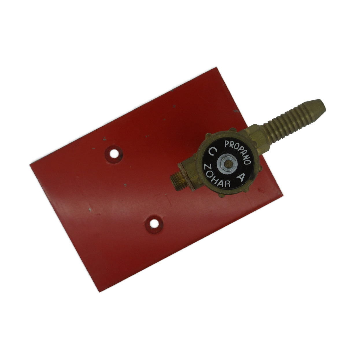 Zohar propane gas control valve with red metal mounting plate and brass fitting for burners and torches.