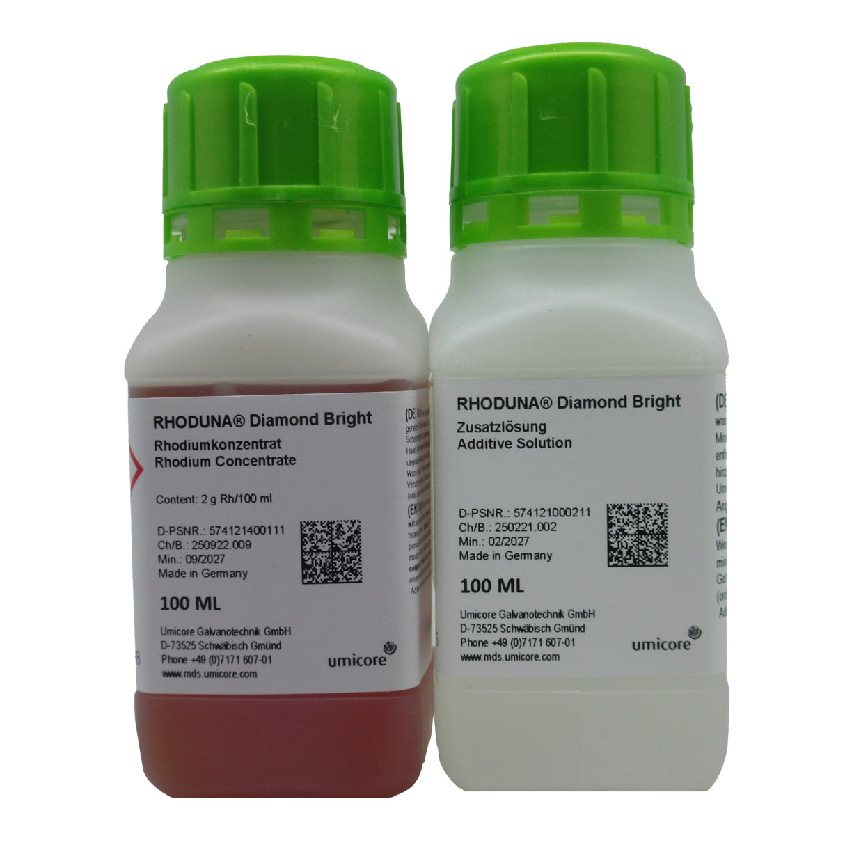 RHODUNA® Diamond Bright Rhodium Electrolyte and Additive Solution by Umicore for professional rhodium plating