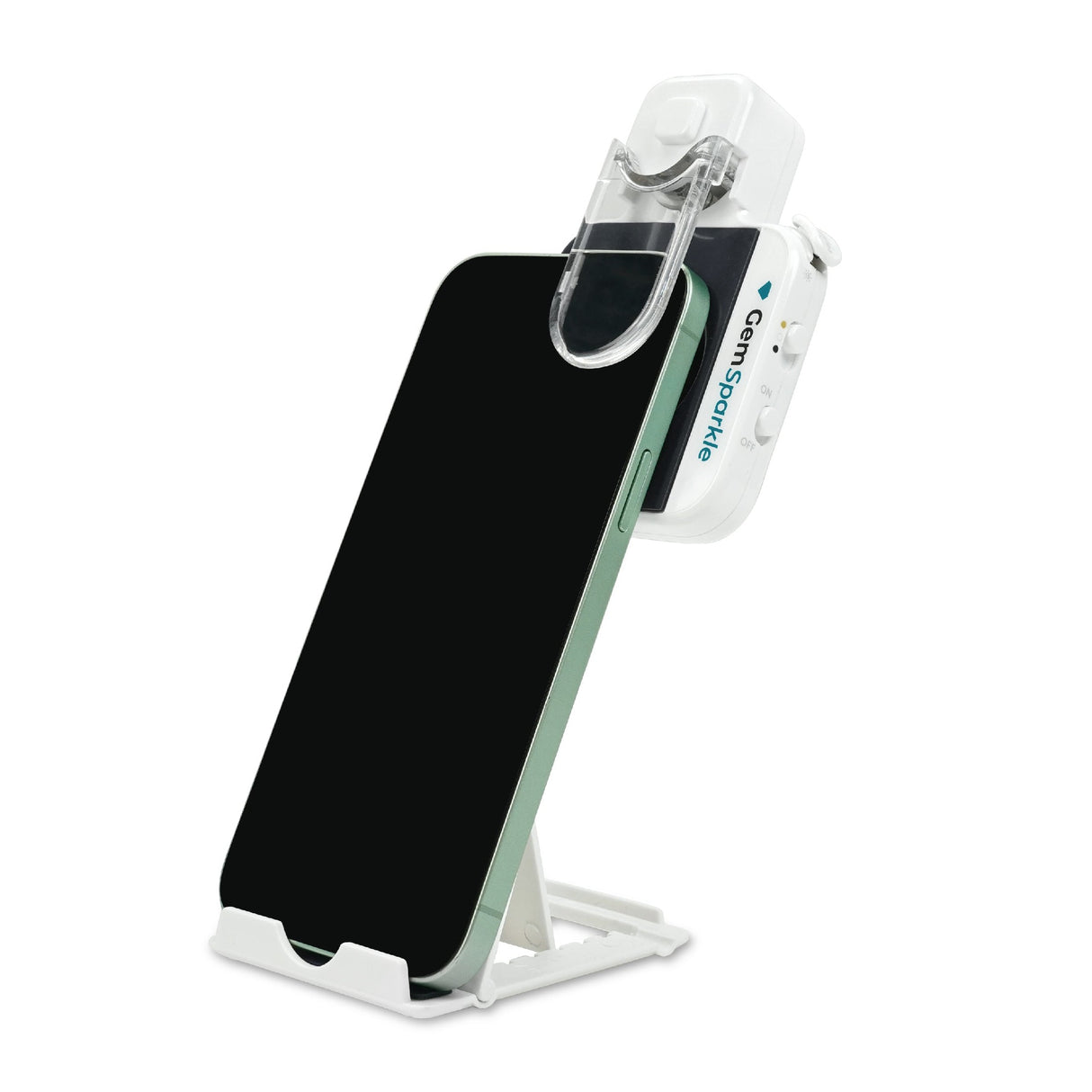 Portable GemSparkle lighting device used for professional jewelry photos on smartphone. on phone with stand