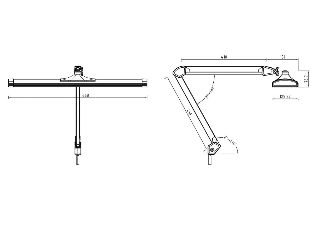 SBR Professional Black Daylight Lamp — 45W LED desk lamp for jewelers and precision work. Detailed sketch.