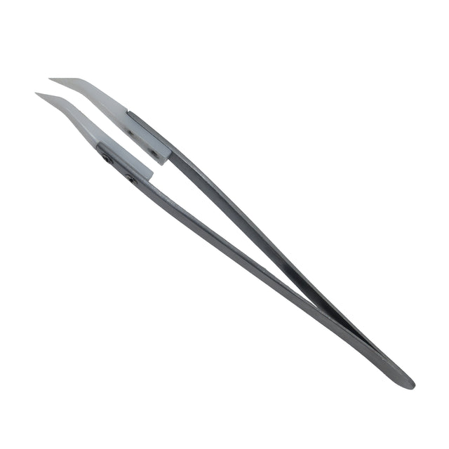 Curved ceramic tweezers with white heat-resistant tips and stainless-steel body showing slight imperfections.