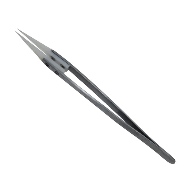High precision ceramic tweezers with white heat-resistant ceramic tips and stainless-steel handle.