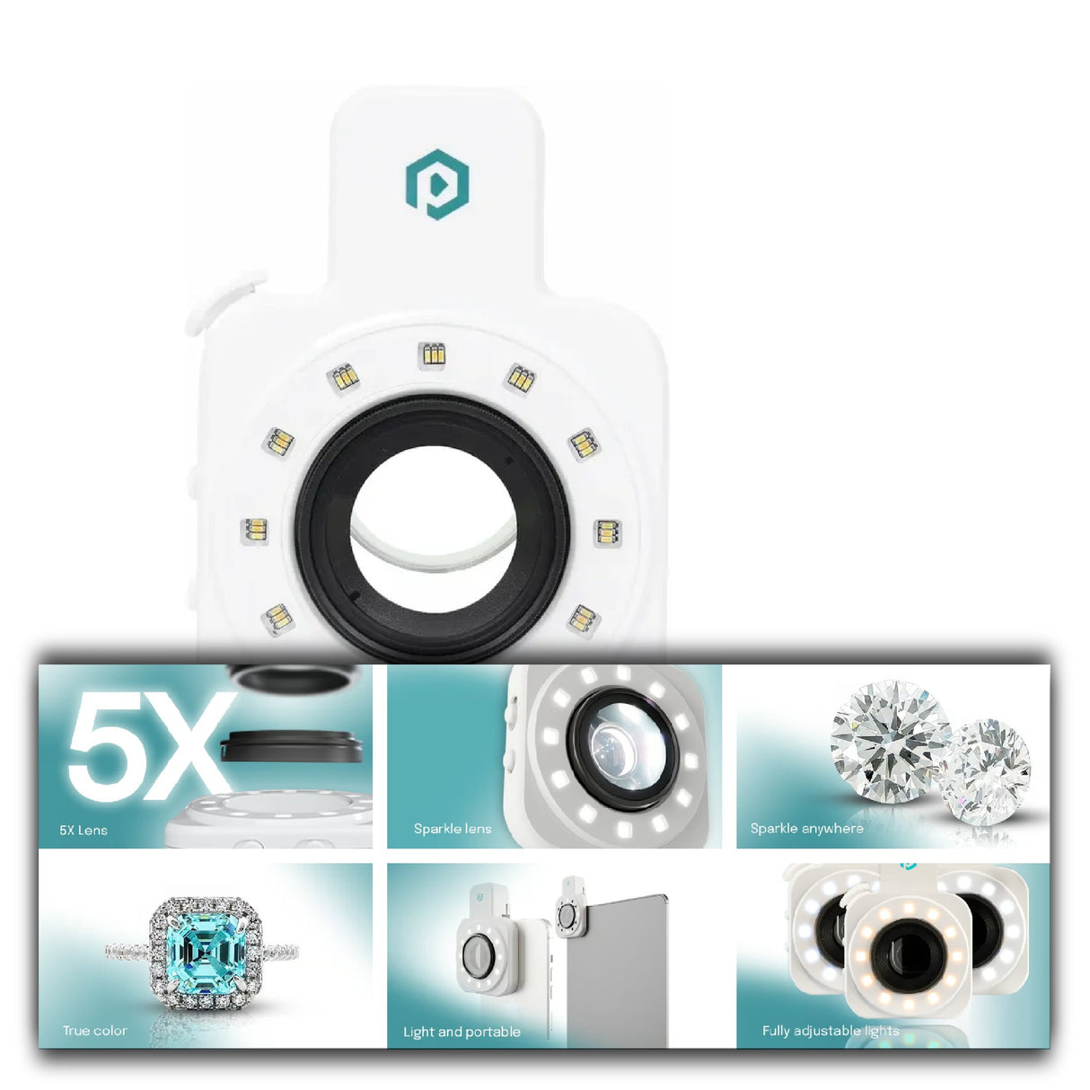 Portable GemSparkle lighting device used for professional jewelry photos on smartphone.  details