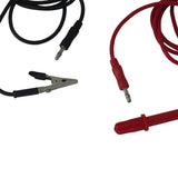Red plating pen with attached red wire and black ground wire with alligator clip for electroplating applications. close up