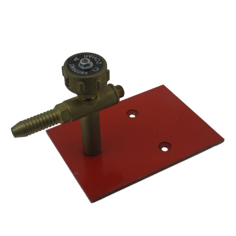 Zohar propane gas control valve with red metal mounting plate and brass fitting for burners and torches.