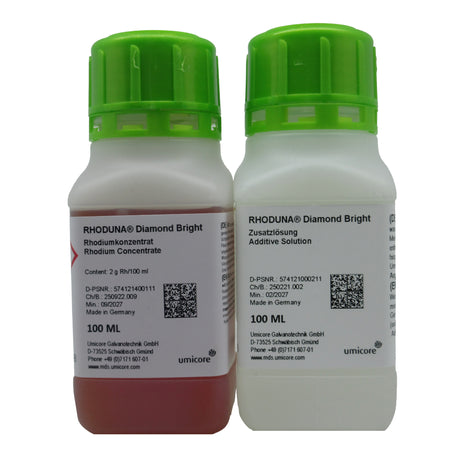 RHODUNA® Diamond Bright Rhodium Electrolyte and Additive Solution by Umicore for professional rhodium plating