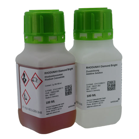 RHODUNA® Diamond Bright Rhodium Electrolyte and Additive Solution by Umicore for professional rhodium plating