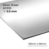 Silver sheet labeled AG935 with dimensions 0.5mm thick and 100mm x 100mm on a white background.