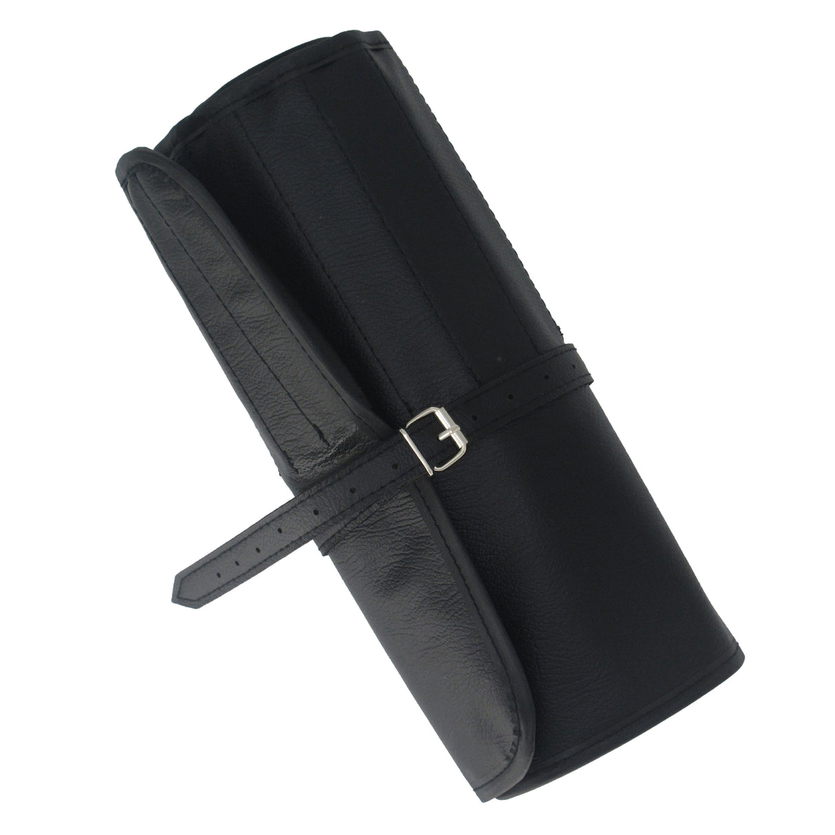 Black roll-up tool pouch with multiple pockets for storing goldsmith and jewellery-making tools (tools not included).