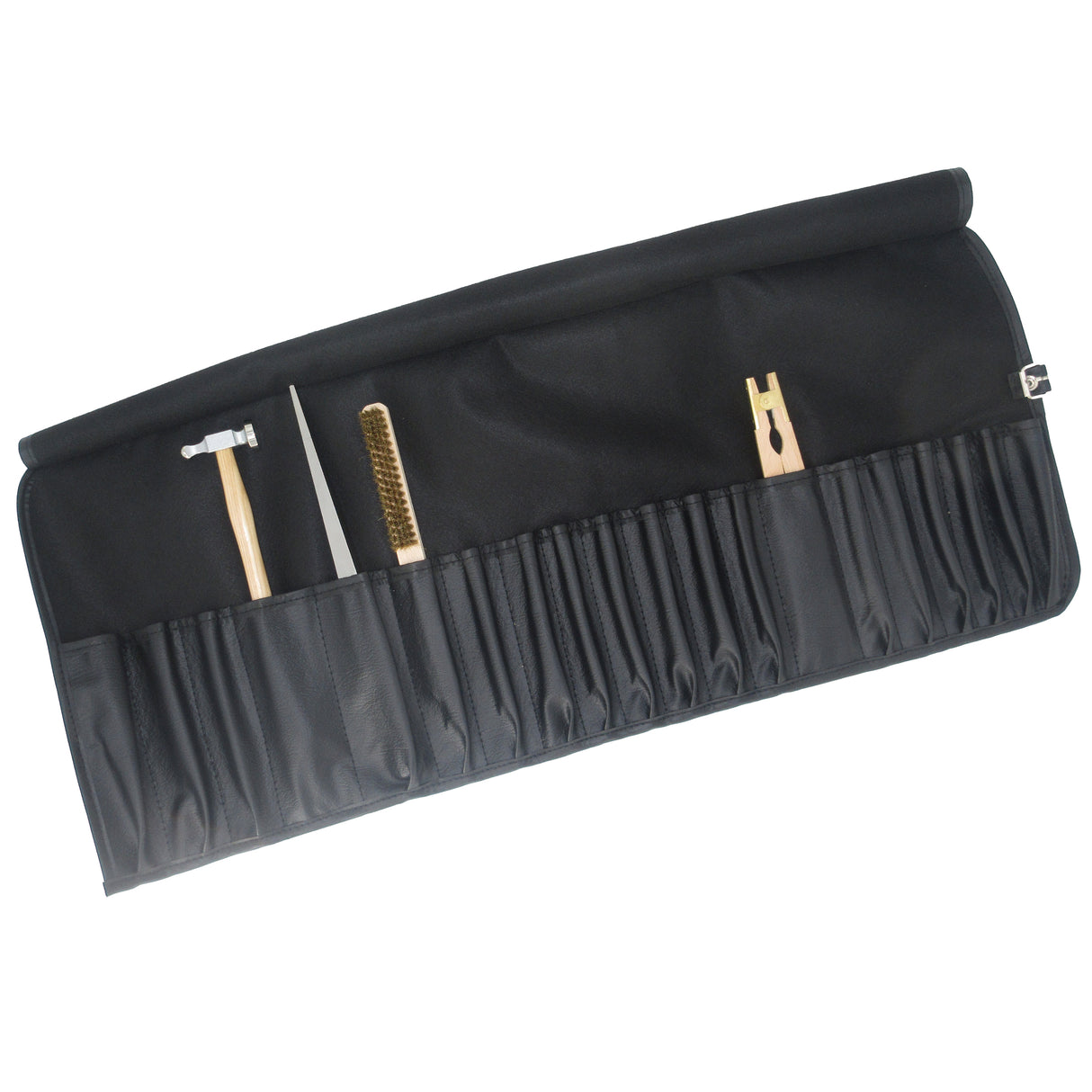 Black roll-up tool pouch with multiple pockets for storing goldsmith and jewellery-making tools (tools not included).