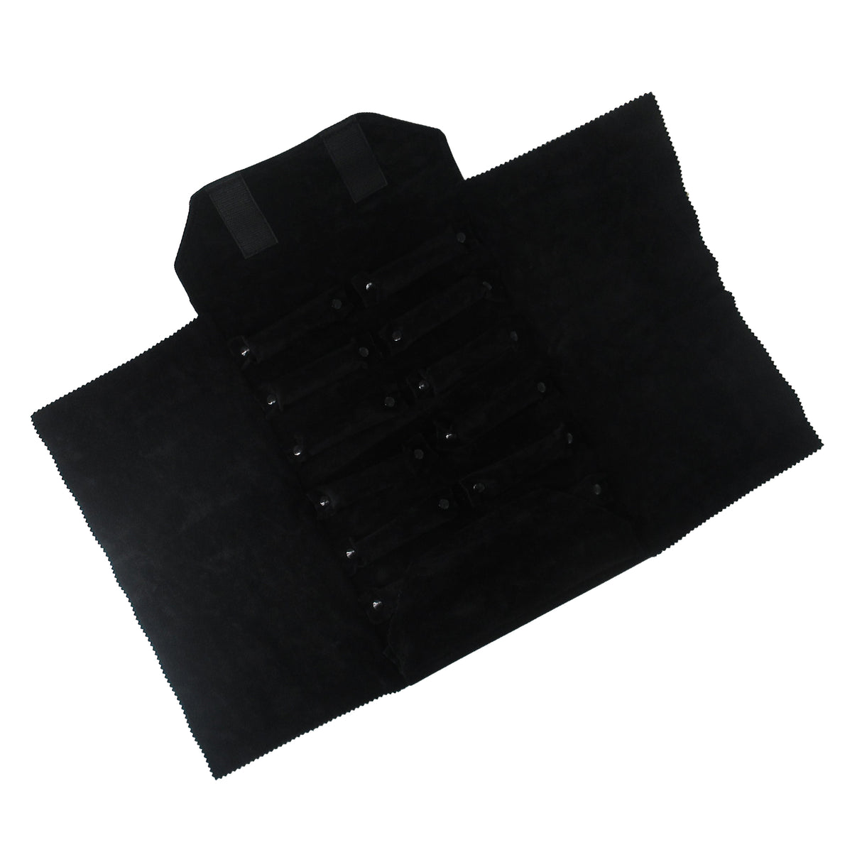 Black leatherette jewelry roll with black suede interior